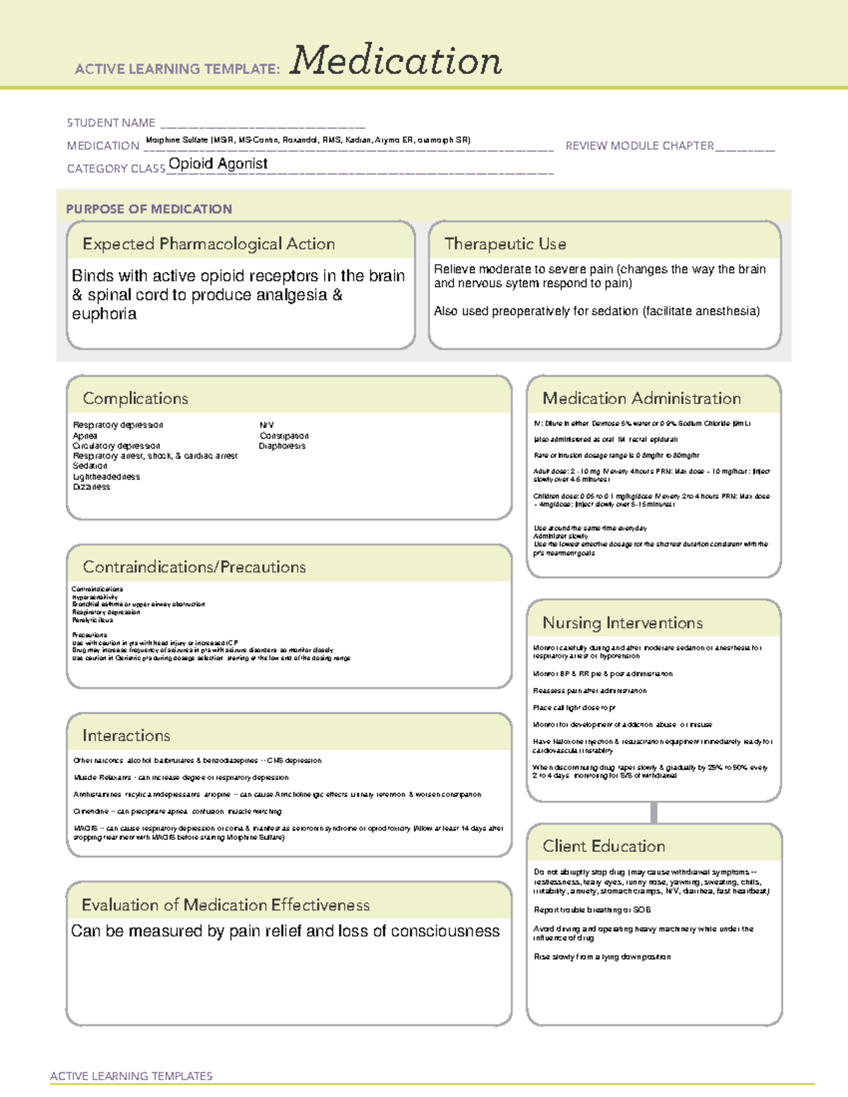 Med Card- Morphine Sulfate - ACTIVE LEARNING TEMPLATES Medication ...