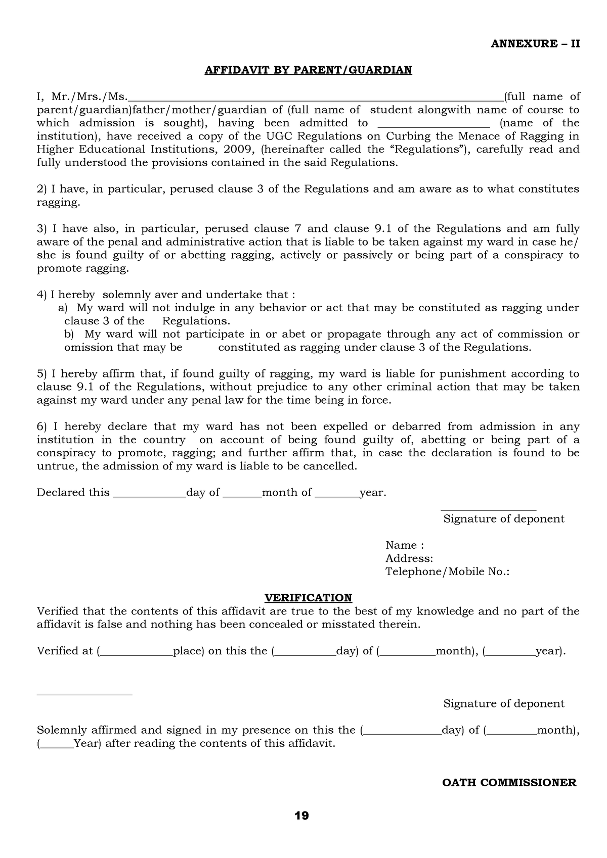 Affidavit (Anti-Ragging) To Be Submitted By The Parent Or Guardian ...