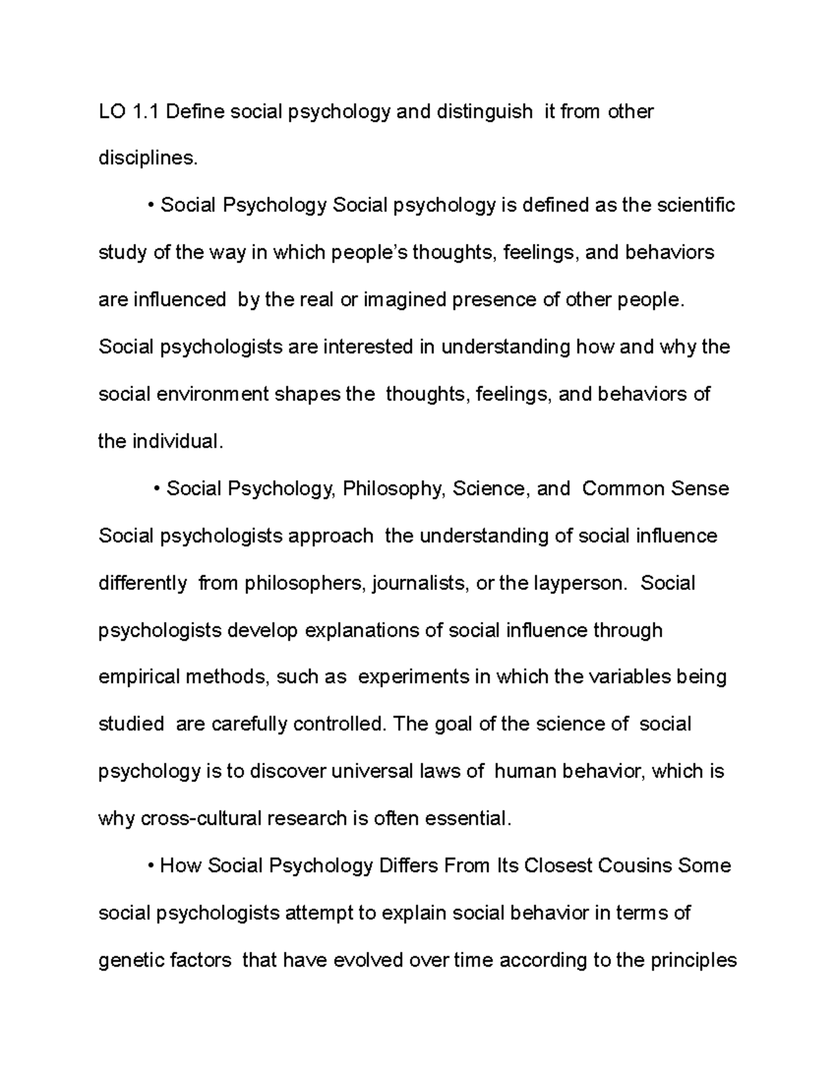 Social Psychology Chapter 1 Notes - LO 1 Define Social Psychology And ...