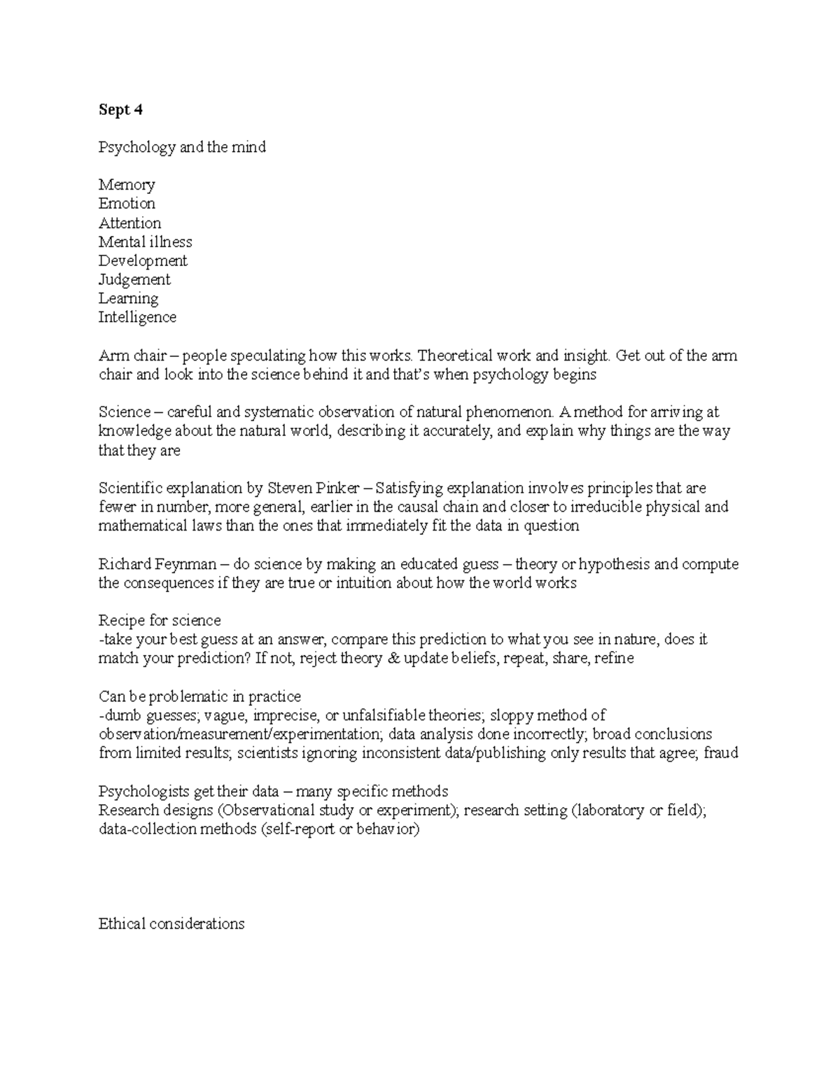 Pysch 1101 Notes - Sept 4 Psychology and the mind Memory Emotion ...