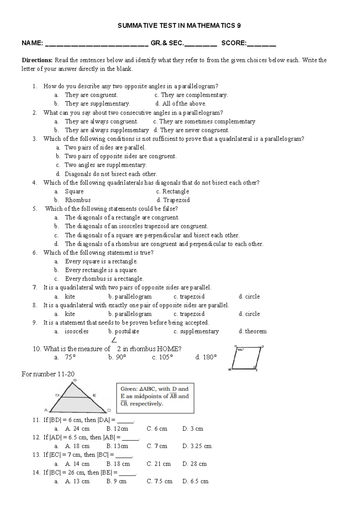 Summative TEST G9 MATH - SUMMATIVE TEST IN MATHEMATICS 9 NAME