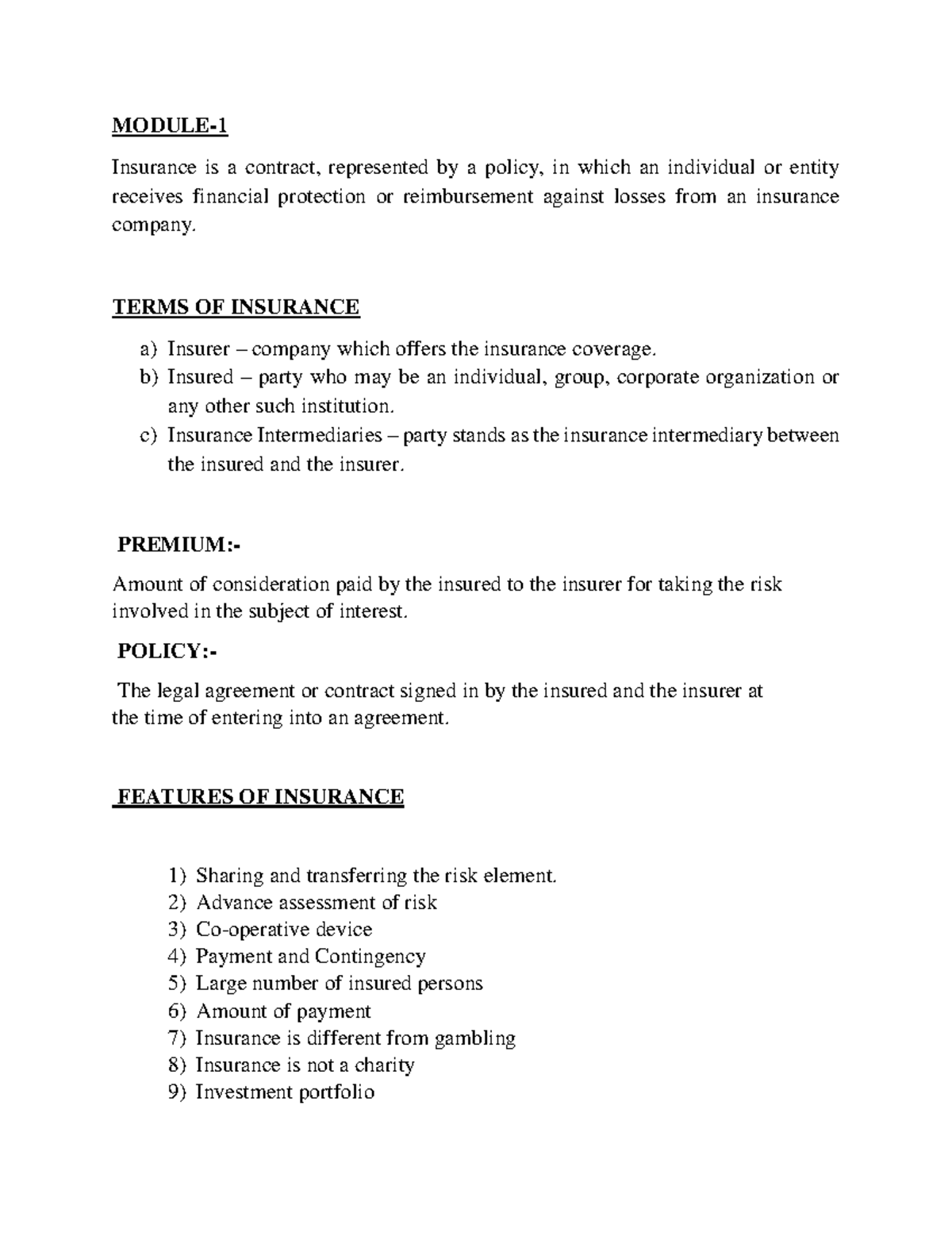 Insurance management study material short notes Calicut University