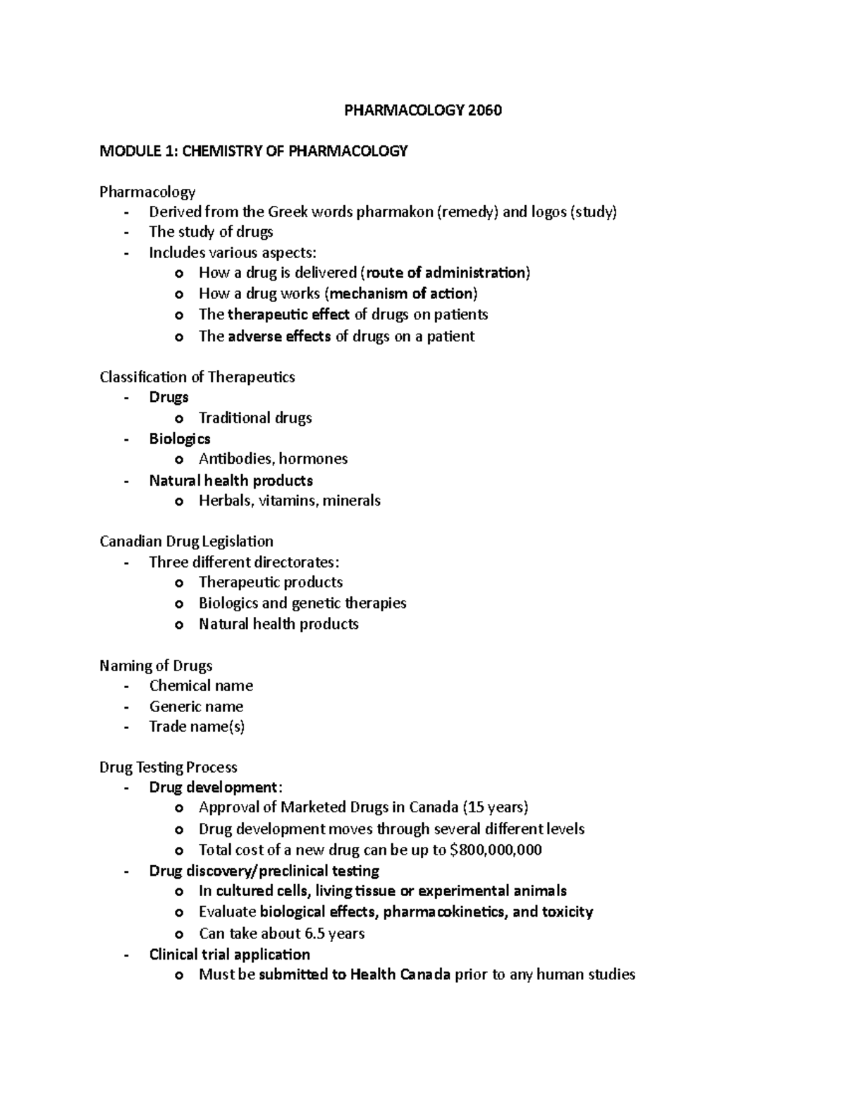 Pharmacology 2060 - entire lecture notes - PHARMACOLOGY 2060 MODULE 1 ...