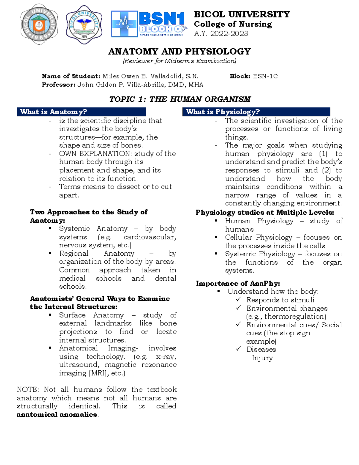 Ana Phy Reviewer (Topic 1) - ANATOMY AND PHYSIOLOGY (Reviewer for ...