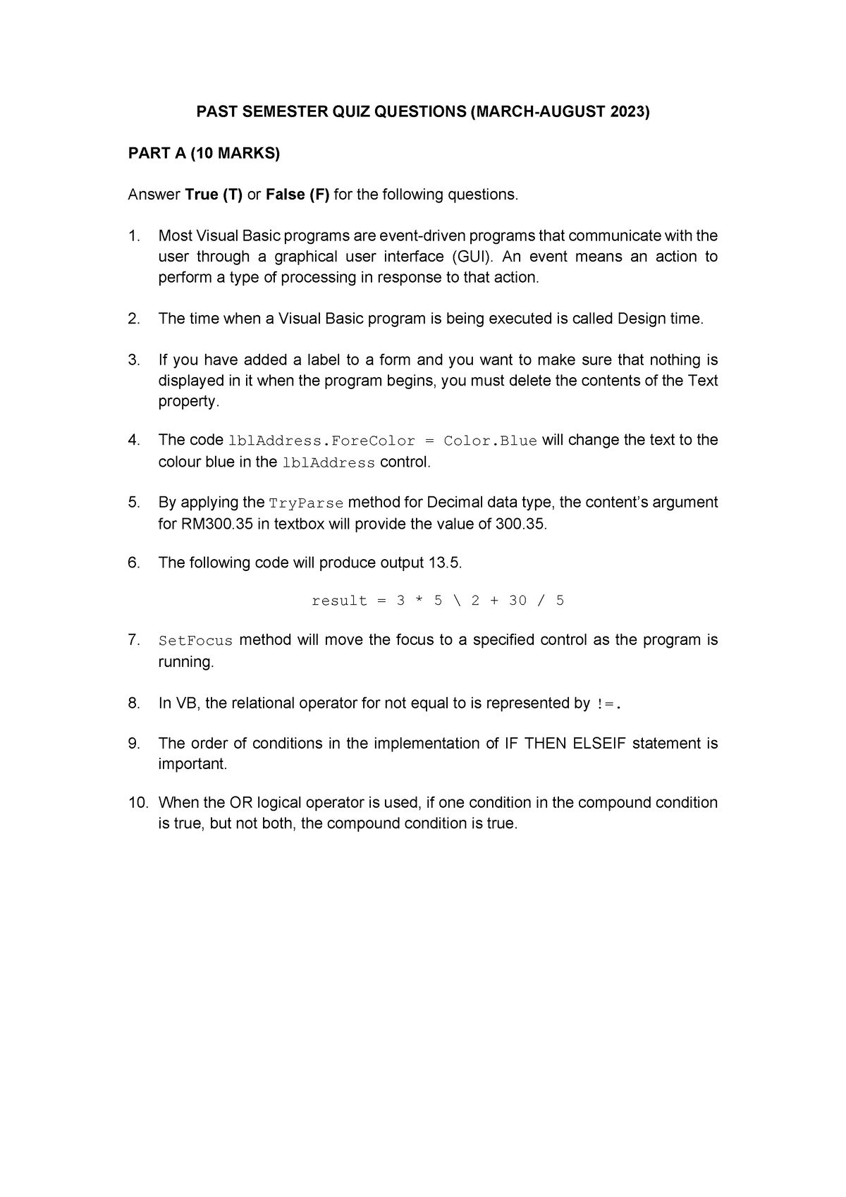 CSC301 QUIZ March 2023 - Pratical - PAST SEMESTER QUIZ QUESTIONS (MARCH ...