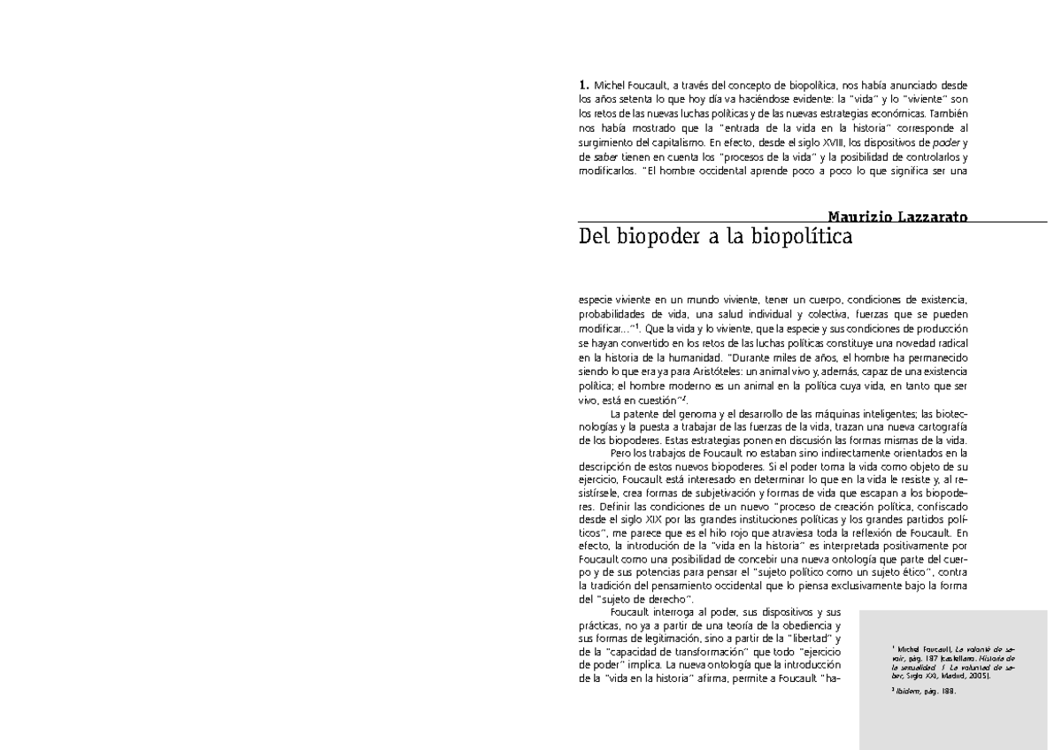 Lazzarato, M. (2000 ). Del biopoder a la biopolítica. Rev Multitudes, 1 ...