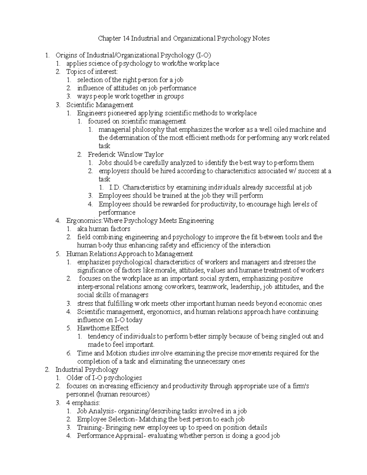 Chapter 14 Industrial and Organizational Psychology Notes - Origins of ...