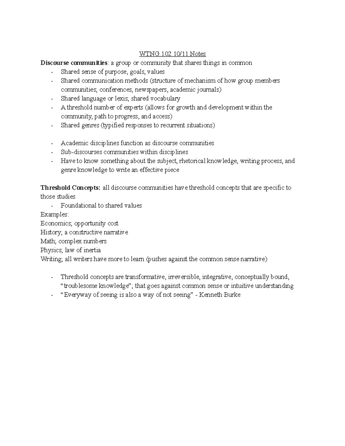 WTNG.102 10 11 Notes - WTNG 10/11 Notes Discourse communities : a group ...