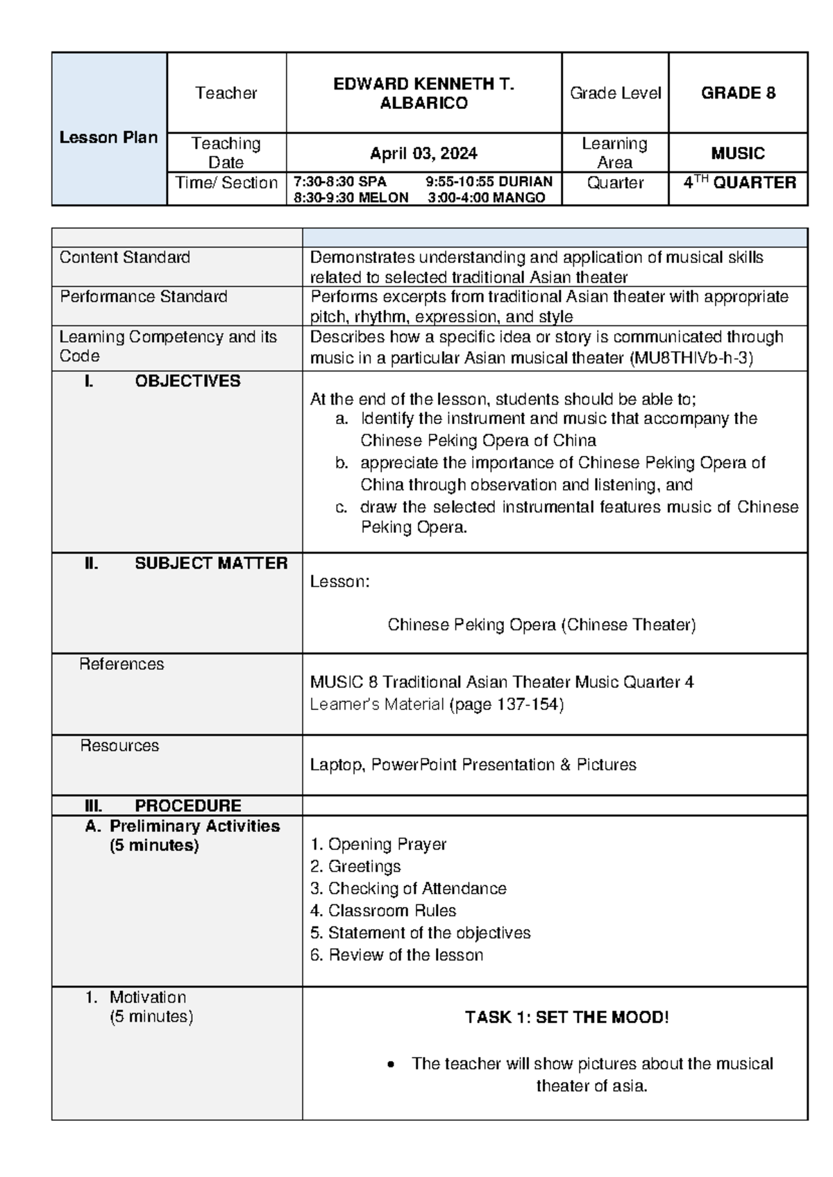 Lesson PLAN Music Peking Opera Actual 1 - Lesson Plan Teacher EDWARD ...