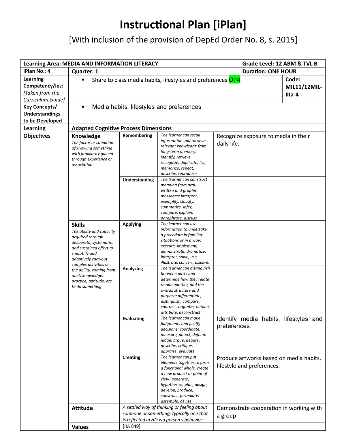 MILQ1 LC4 - MIL - Instructional Plan [iPlan] [With Inclusion Of The ...