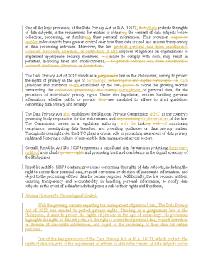 Assignment 4 [ Espinosa] - One of the keys provisions of the Data Privacy  Act or R. 10173, that - Studocu