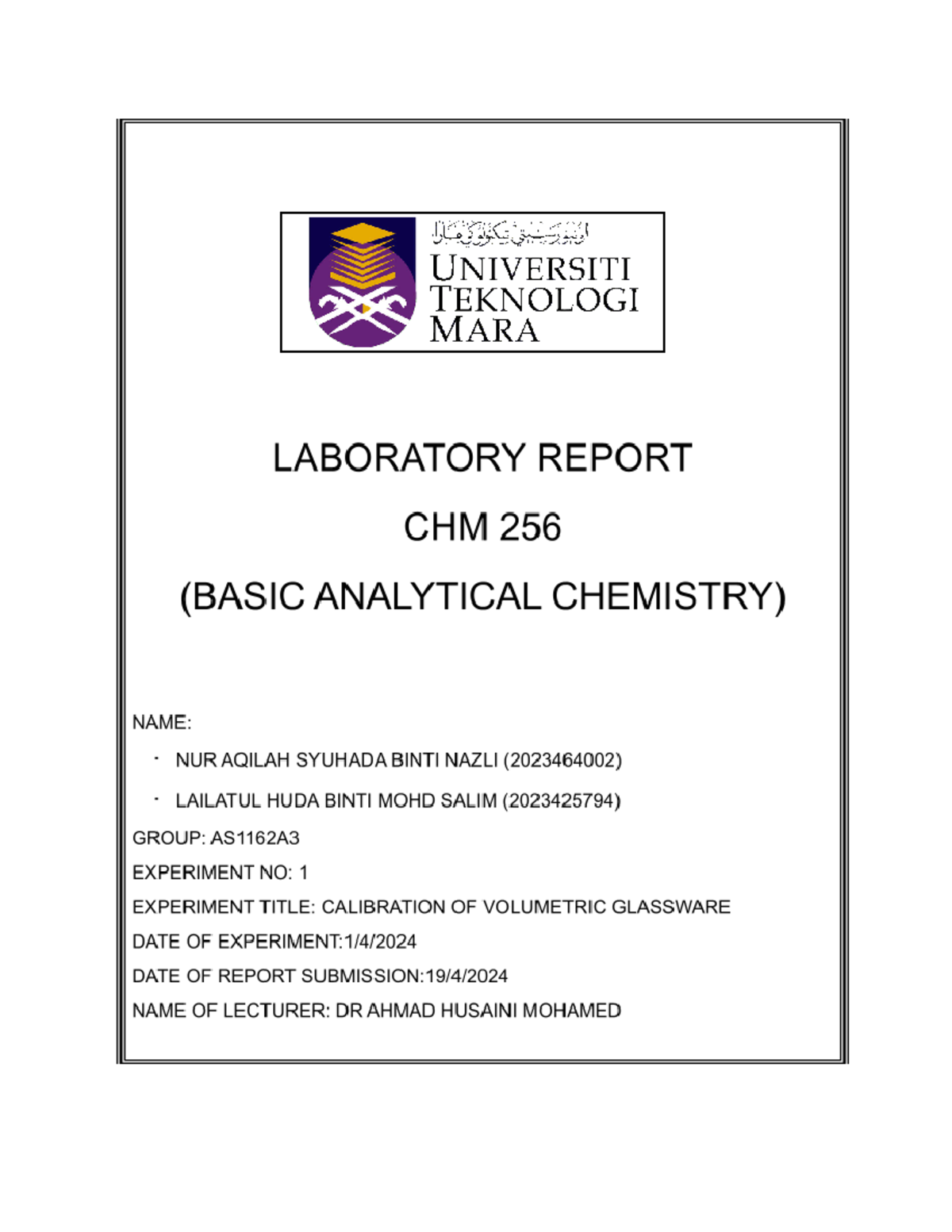 CHM256 LAB Report EXP 1   Calibration On Volumetric Glassware