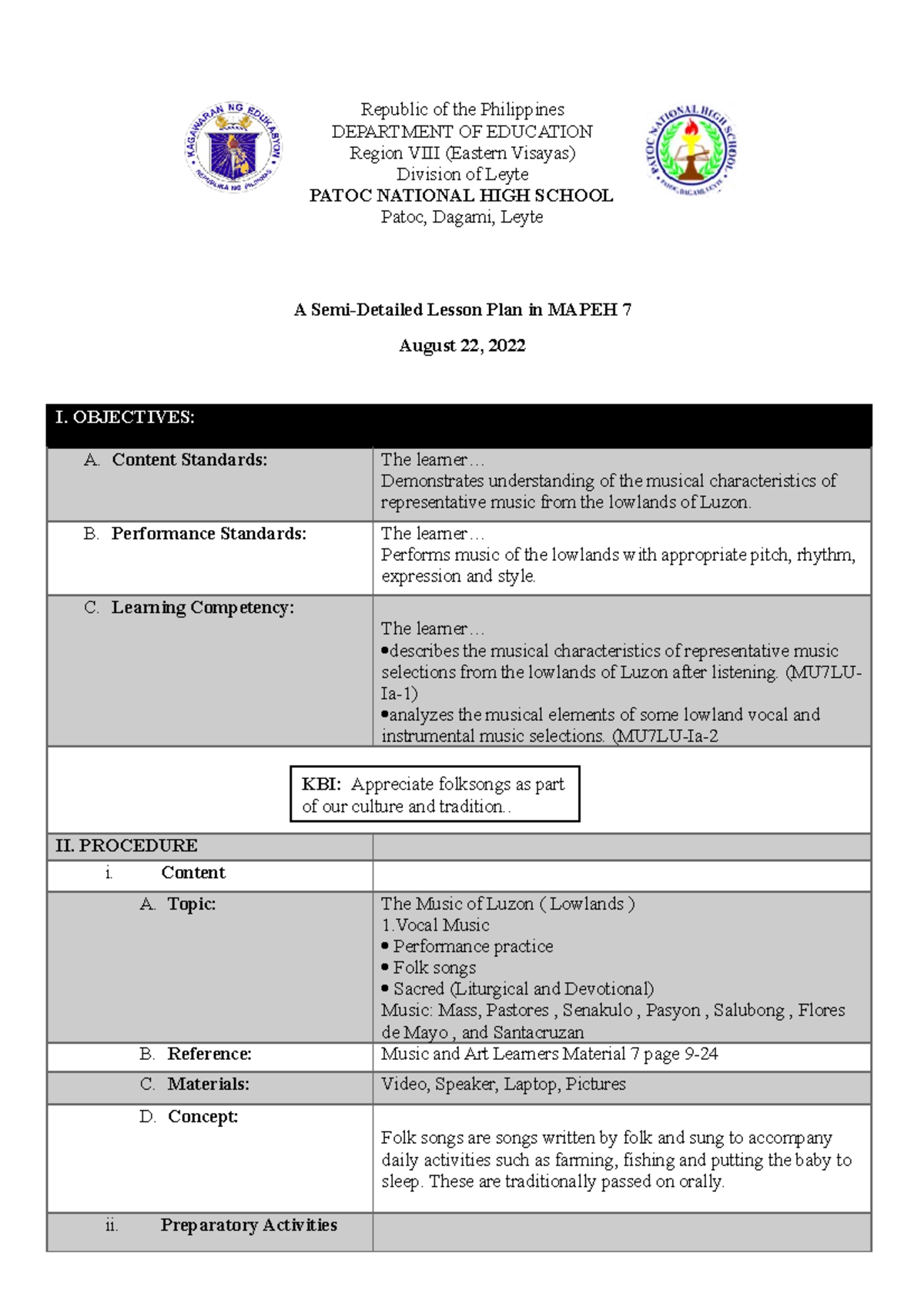 WEEK 1 LP Day 1 - MAPEH LP Q1 - Republic Of The Philippines DEPARTMENT ...