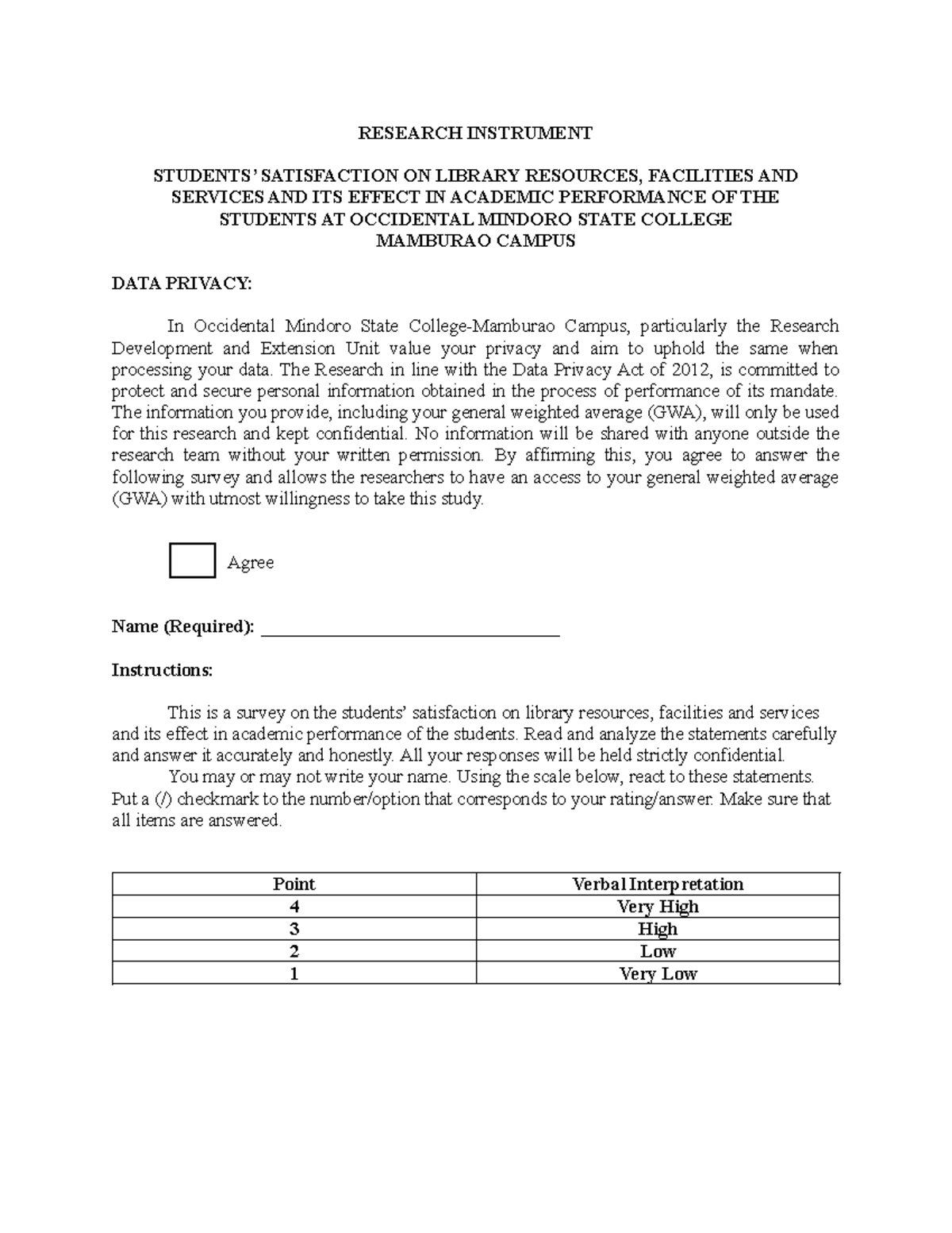 Research Instrument - RESEARCH INSTRUMENT STUDENTS’ SATISFACTION ON ...