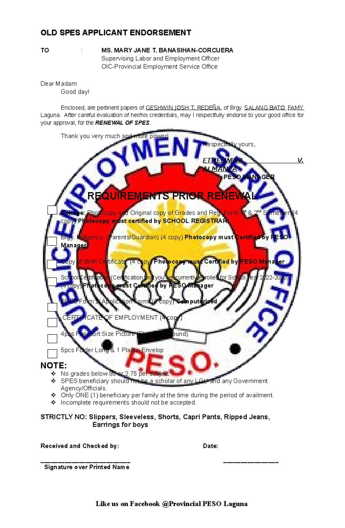 OLD SPES Applocation Endosment - OLD SPES APPLICANT ENDORSEMENT TO : MS ...