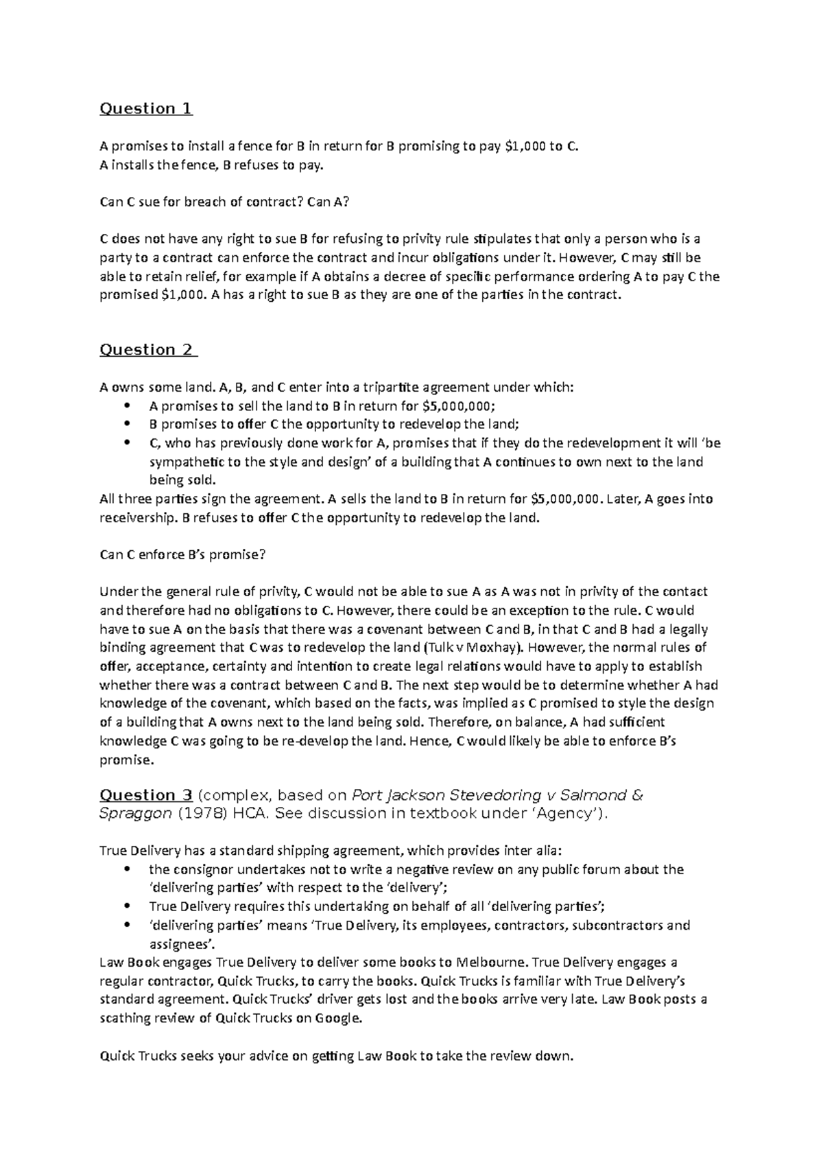 Week 4 Forum Questions Privity Question 1 A promises to install a