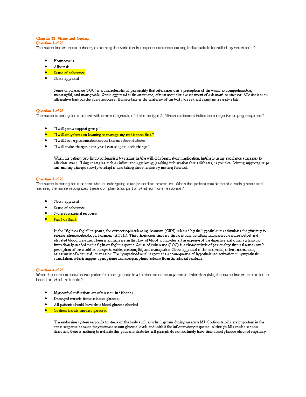 Chapter 32 answers - n/a - Chapter 32- Stress and Coping Question 1 of ...