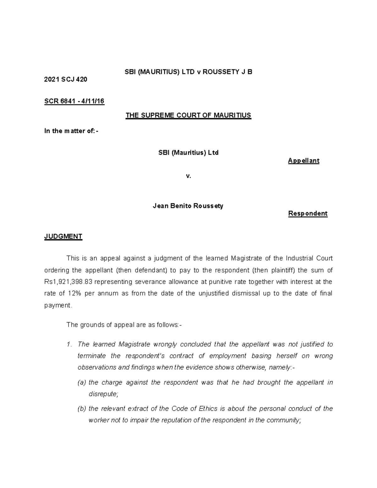 Sbi Mauritius Ltd V Roussety J B 2021 Scj 420 Sbi Mauritius Ltd V