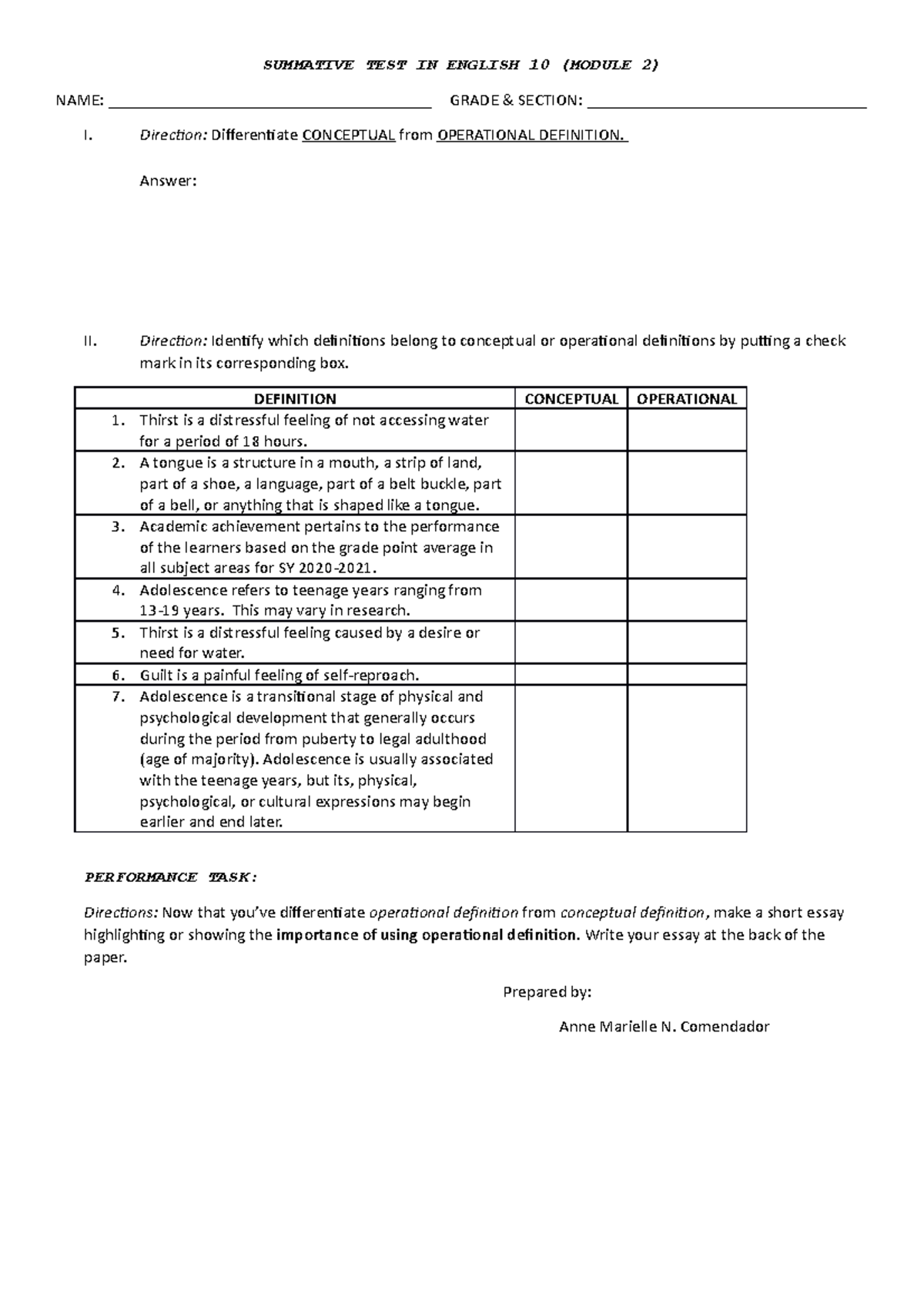 Summative Eng(M2) - SUMMATIVE TEST IN ENGLISH 10 (MODULE 2) NAME: - Studocu