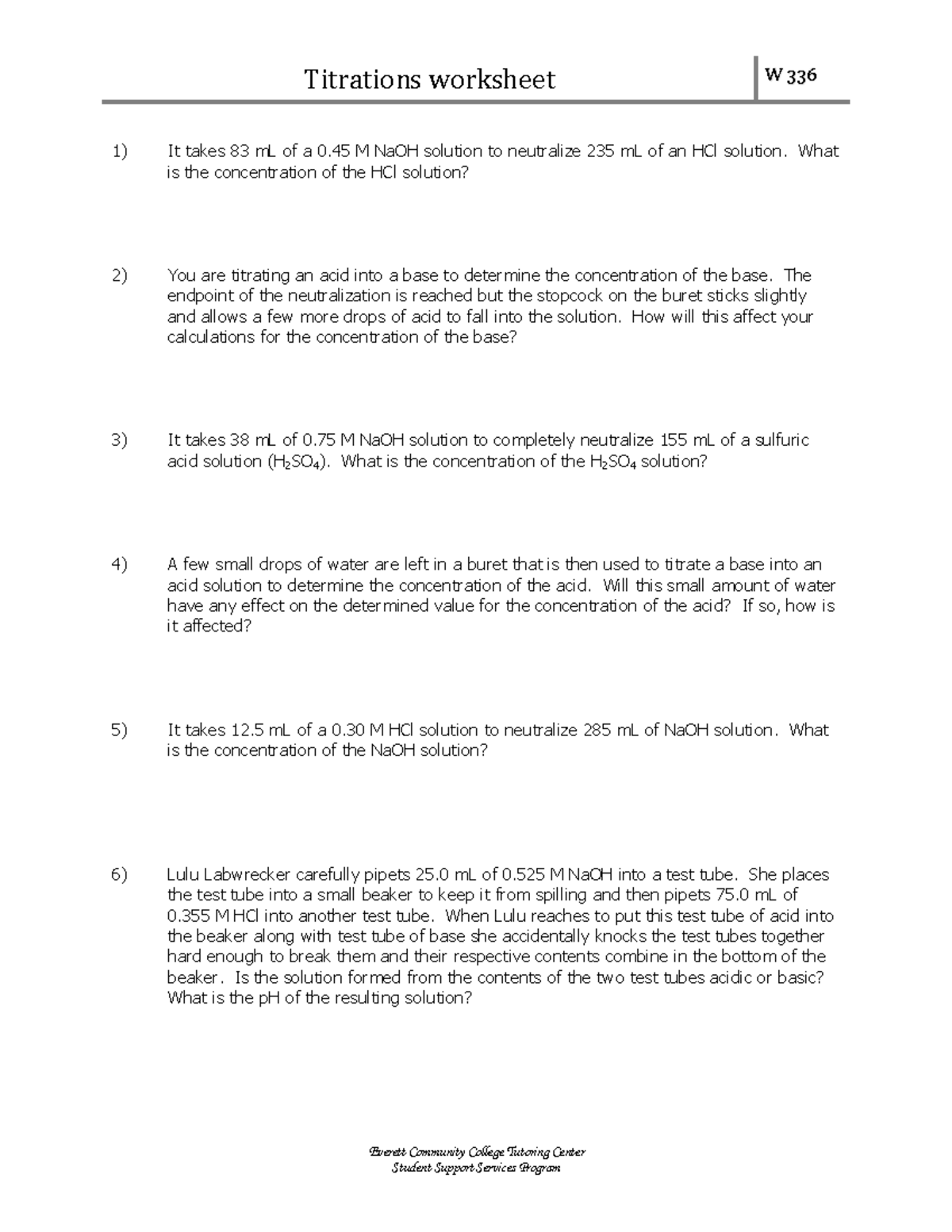 W336-titrations-worksheet - Titrations worksheet W 336 Everett Community  College Tutoring Center - Studocu