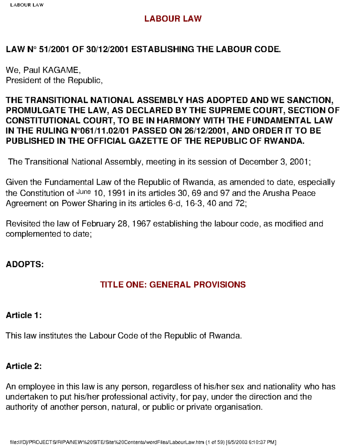 Rwanda labour law - LABOUR LAW LAW N° 51/2001 OF 30/12/2001 ...