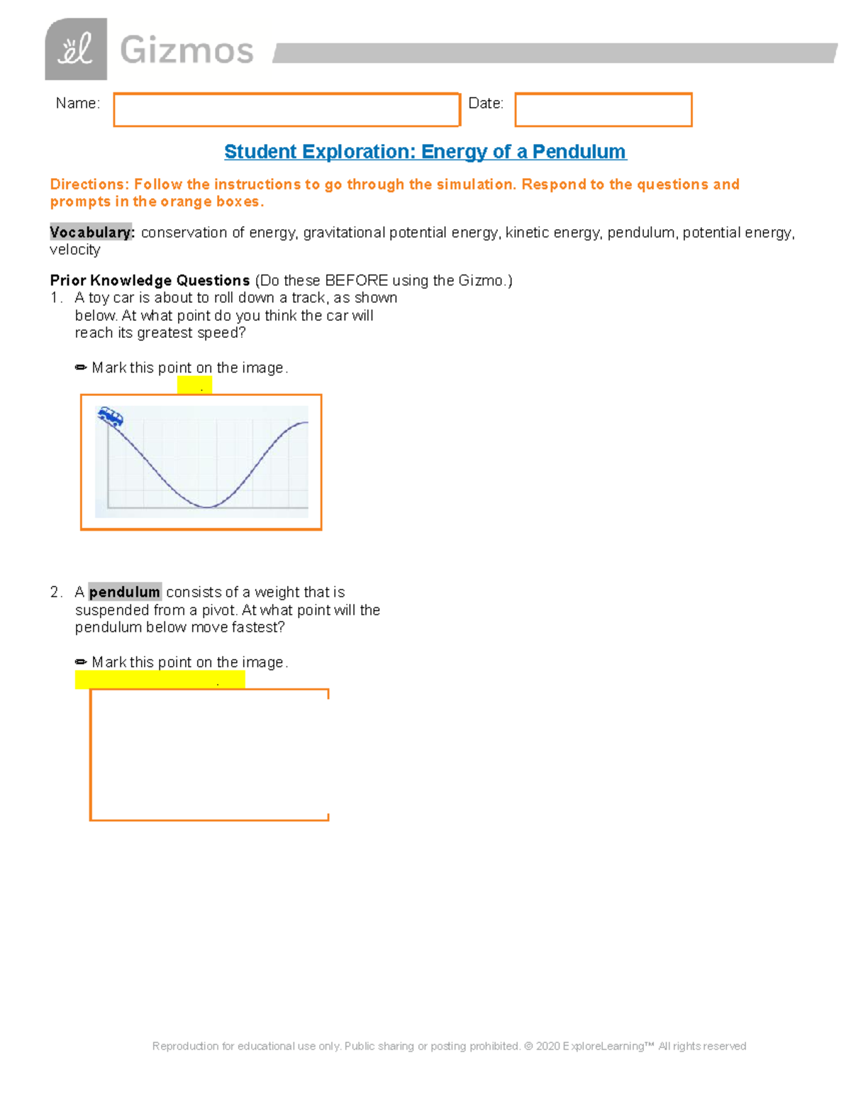 Gizmo Energy Pendulum SE - Name: Date: Student Exploration: Energy Of A ...