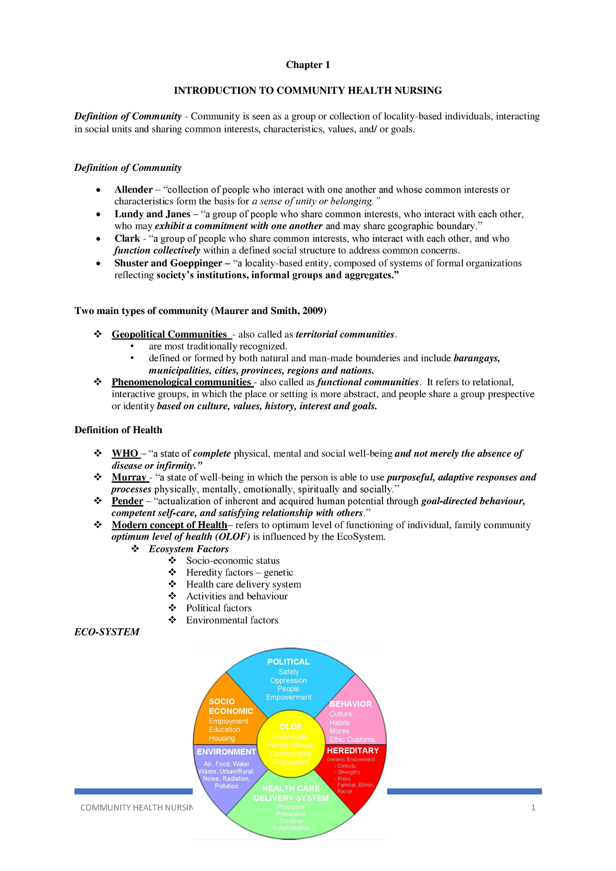 Chapters 1 To 3 - COMMUNITY HEALTH NURSING - Chapter 1 INTRODUCTION TO ...