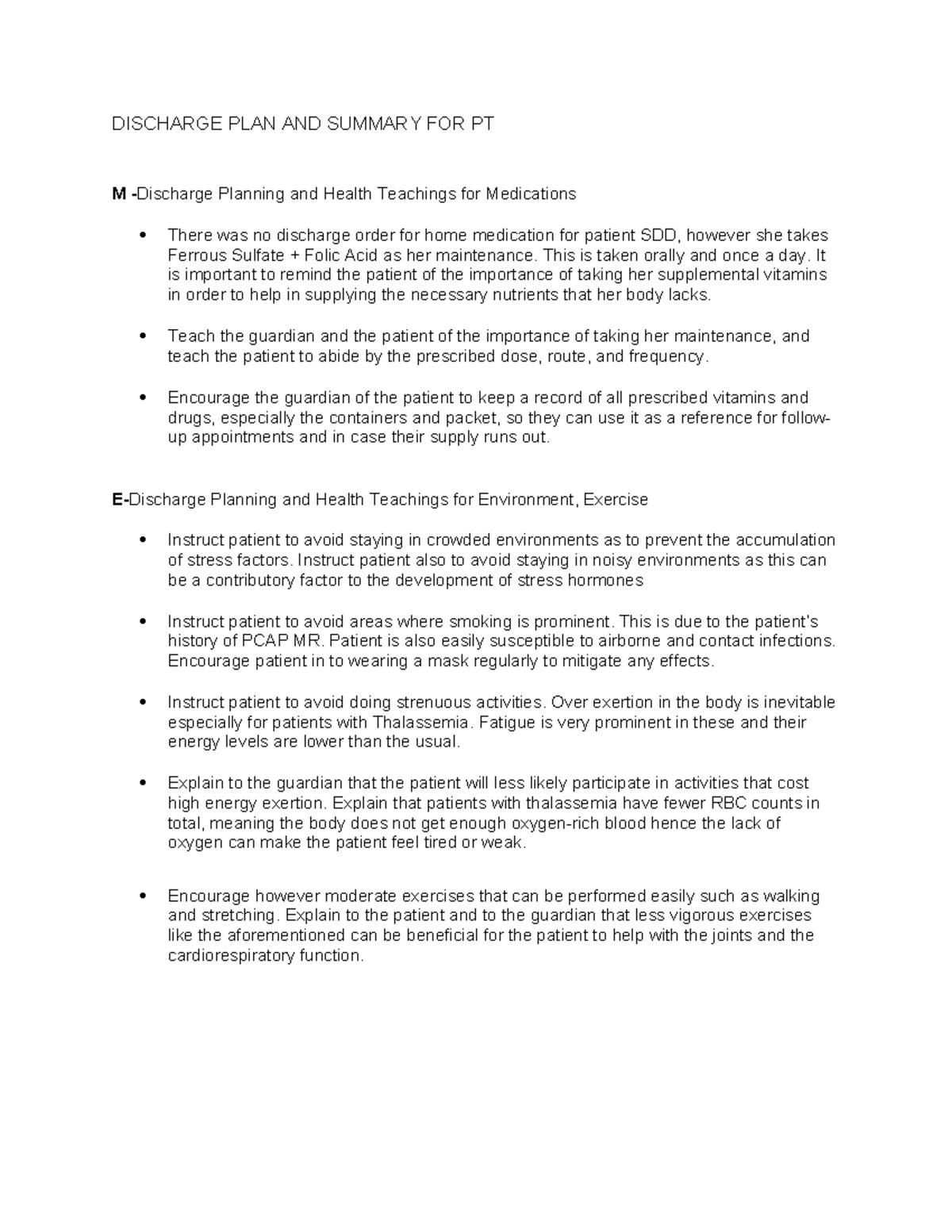 Discharge Planning - fff - DISCHARGE PLAN AND SUMMARY FOR PT M ...