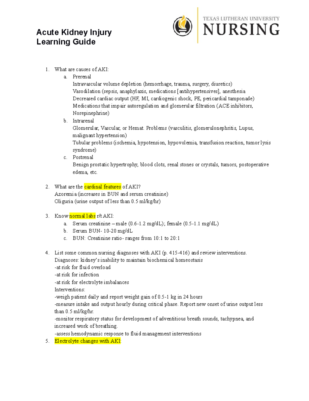 Acute Kidney Injury Learning Guide -rev 4 2021 - NURS 432 - Studocu