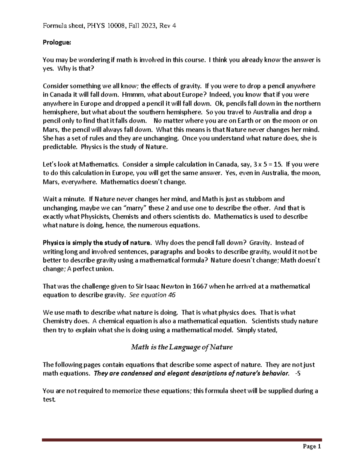 Physics Formula sheet, PHYS 10008, 2023, Rev 4 - Prologue: You may be ...
