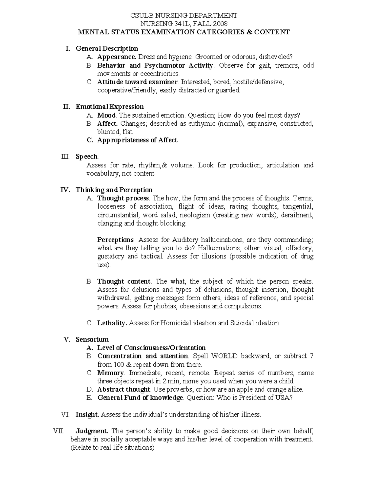 Mental Status exam categories & vocabulary CSULB NURSING DEPARTMENT