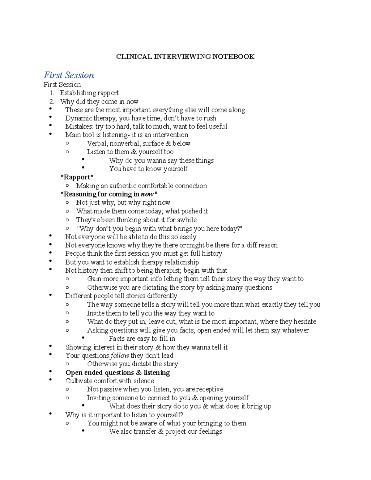 Clinical Interviewing NB - CLINICAL INTERVIEWING NOTEBOOK First Session ...