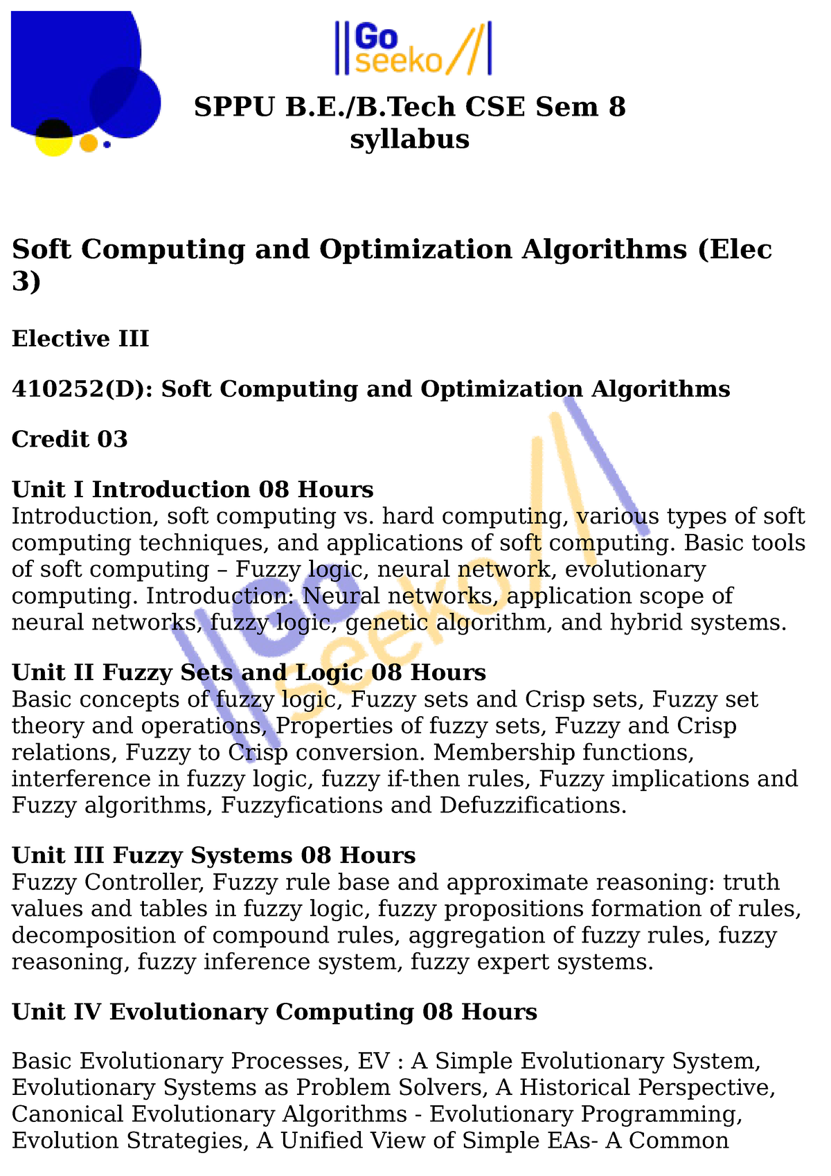 CSE Sem 8 Syllabus - Soft Computing - SPPU B.E./B CSE Sem Syllabus Soft ...