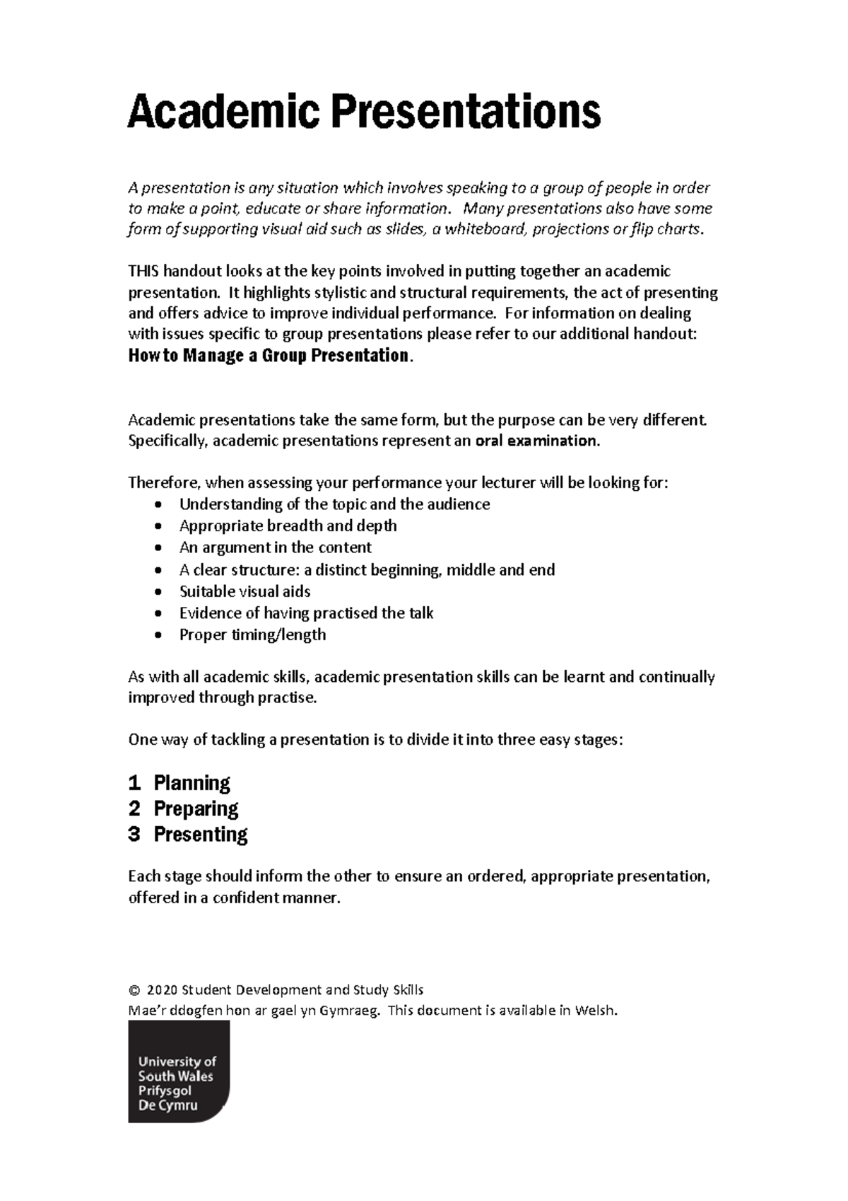 Week 13 UCU100 Academic Presentations © 2020 Student Development and