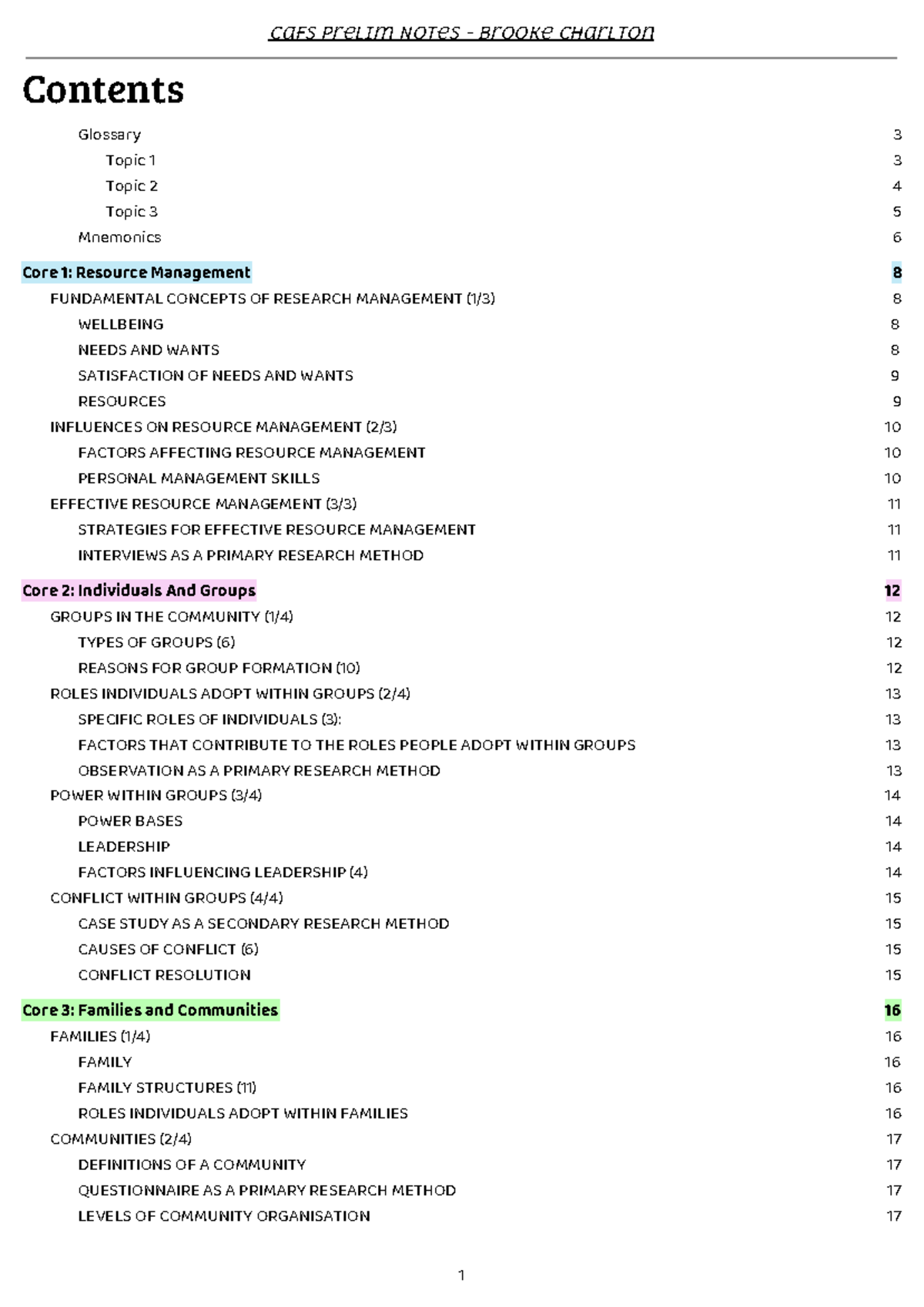 Cafs Prelims - Contents - Glossary - Topic - Topic - Topic - Mnemonics ...