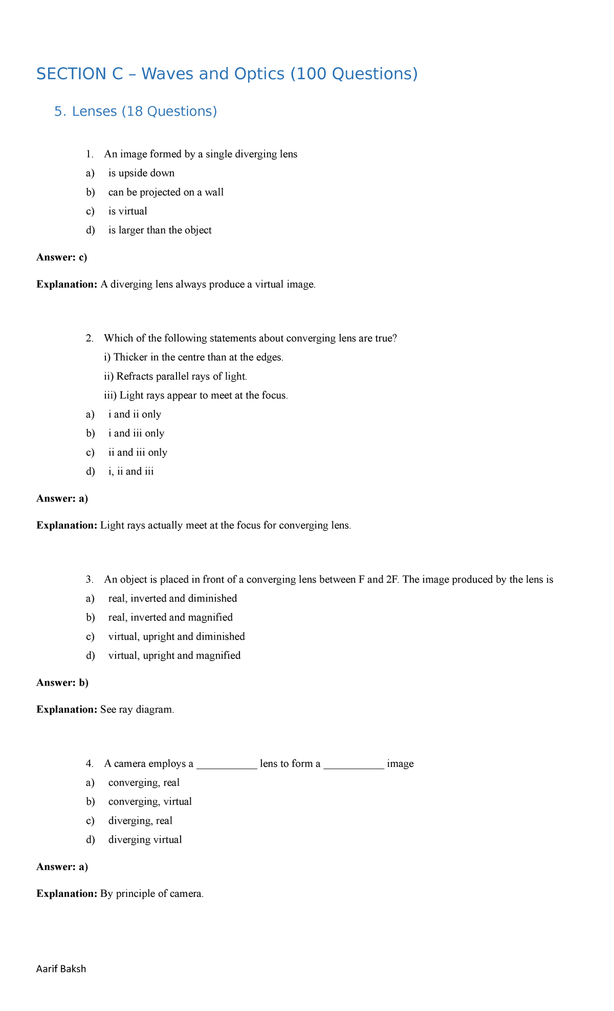 Physics C1 Practice questions and answers on Waves and Optics