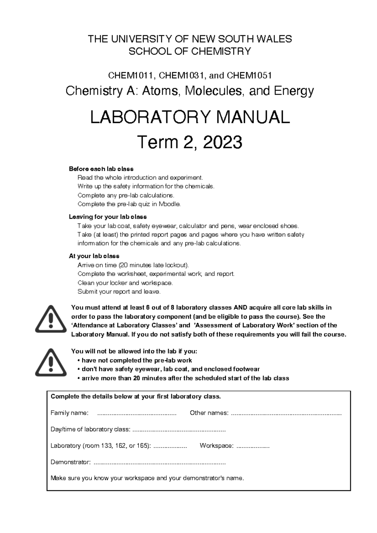 CHEM1011 lab manual T2 2023 THE UNIVERSITY OF NEW SOUTH WALES