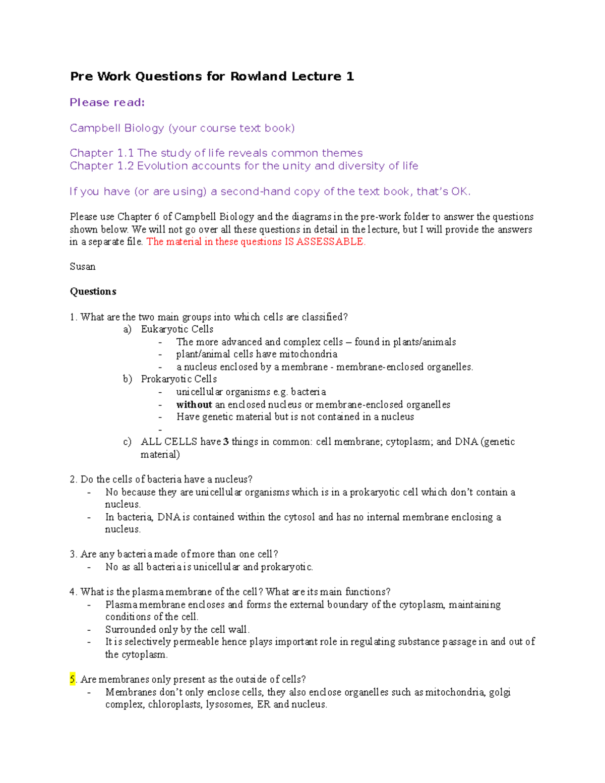 BIOM1050 Pre work - Lecture 1 - Pre Work Questions for Rowland Lecture ...