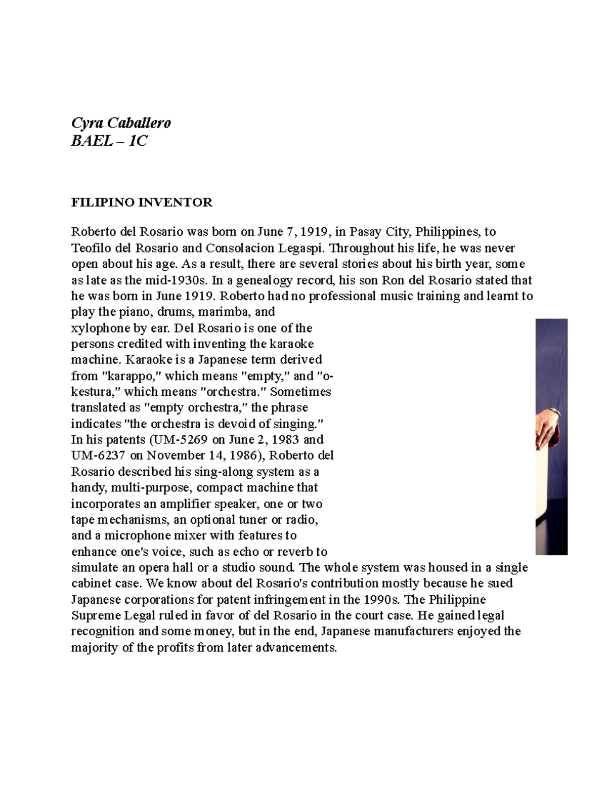 Filipino Inventor Cyra Caballero BAEL 1C FILIPINO INVENTOR Roberto