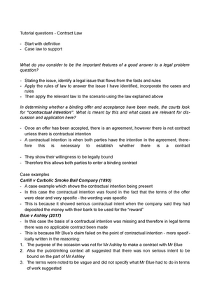 Contract Law - Tutorial Two - LW1130 - Leicester - Studocu