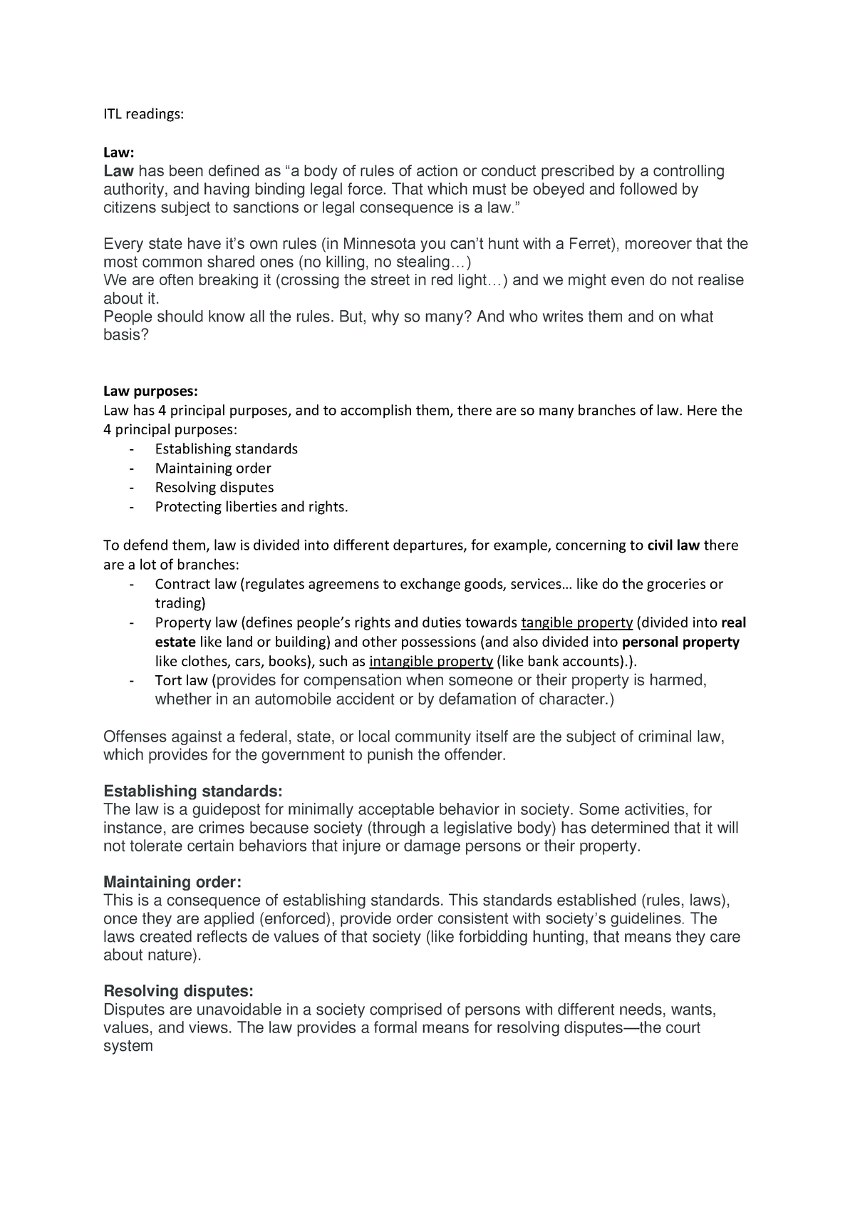 Itl Readings - Itl Readings: Law: Law Has Been Defined As “a Body Of 