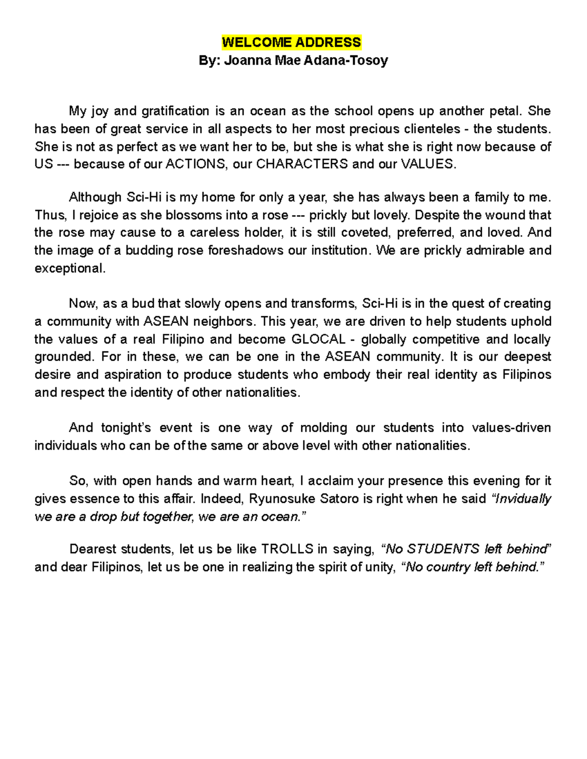 Welcome Address This Speech Was Delivered During An Event In Our
