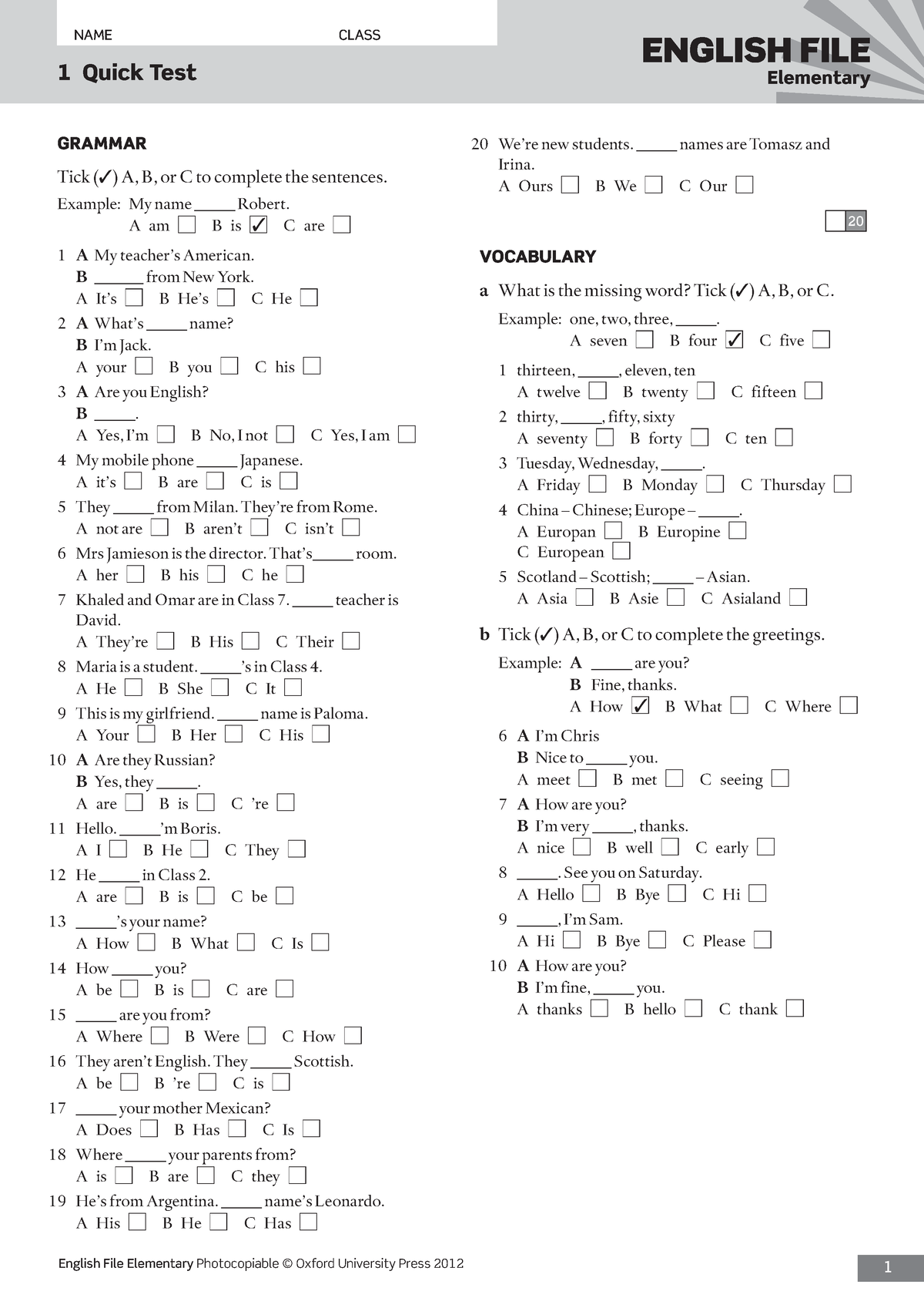 Ef3e Elem Quicktest 01 You Can Do Some Tests Here English File Elementary Photocopiable 4643