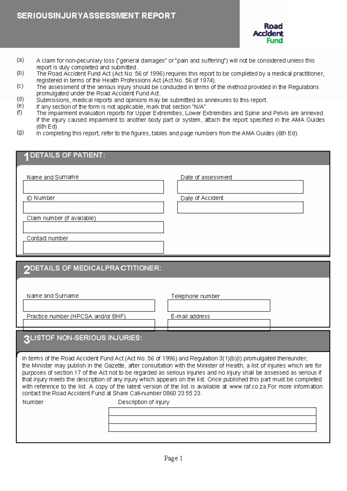 RAF 4 Template - SERIOUSINJURYASSESSMENT REPORT RAF 4 (a) (b) (c) (d ...