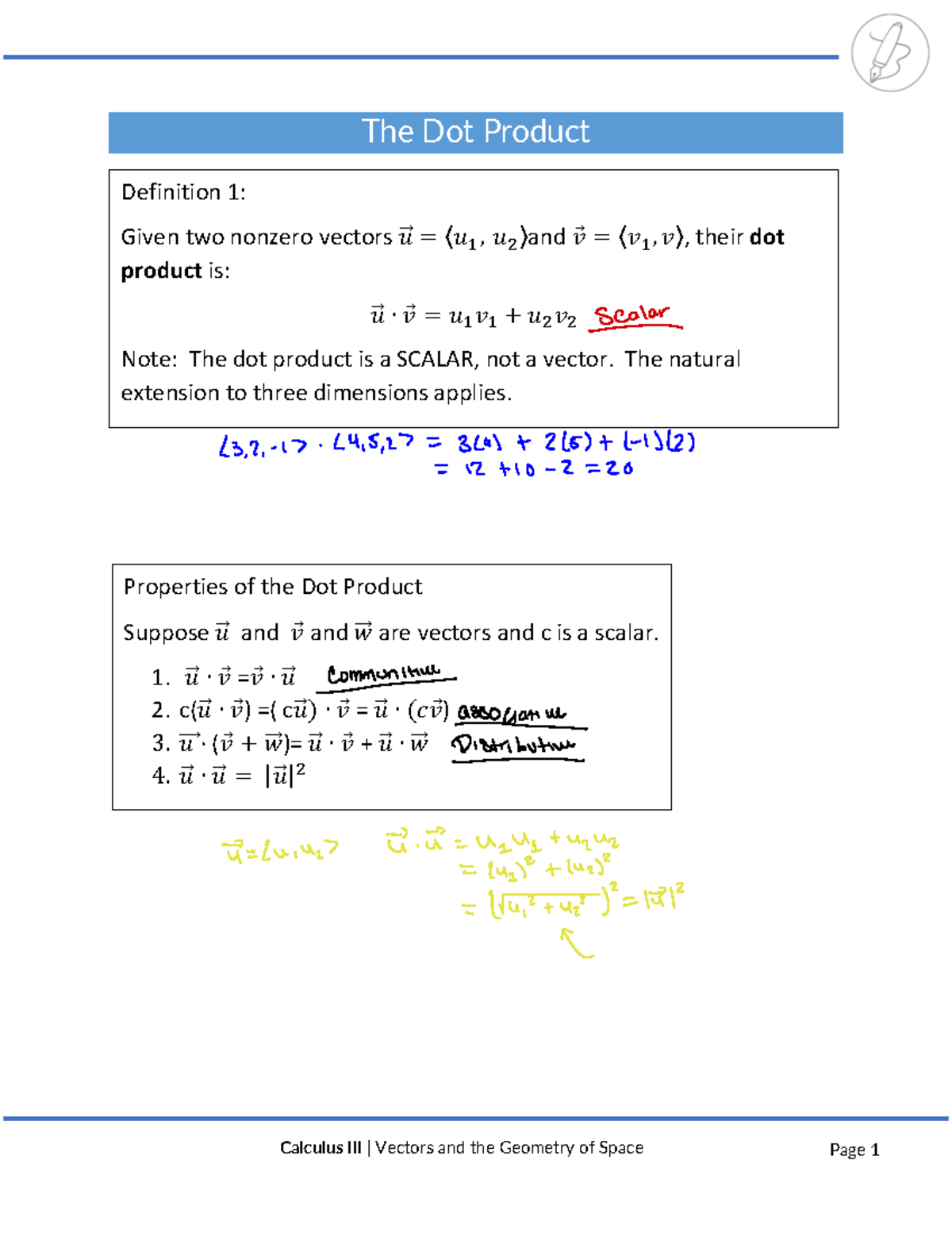 13.3 Lecture Notes - The Dot Product Definition 1 : Given two nonzero ...