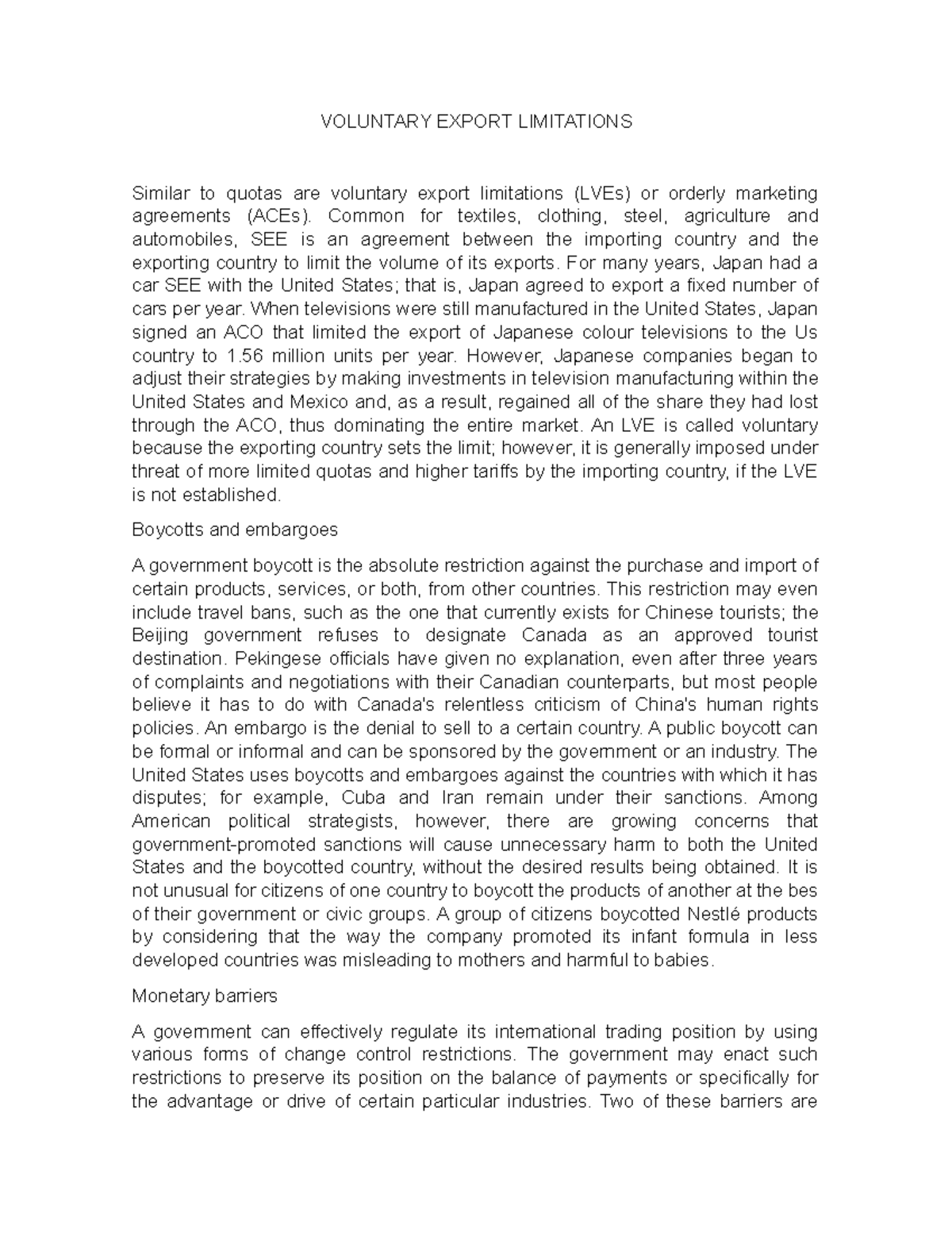 VOLUNTARY EXPORT LIMITATIONS - VOLUNTARY EXPORT LIMITATIONS Similar to ...