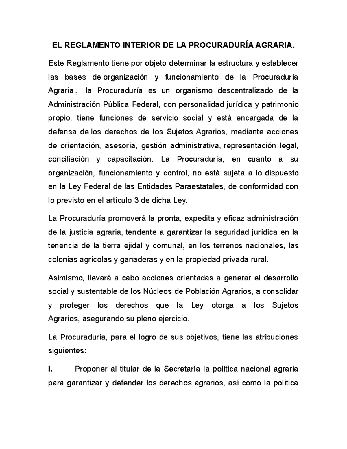 Agrario Tarea El Reglamento Interior De La Procuradur A Agraria