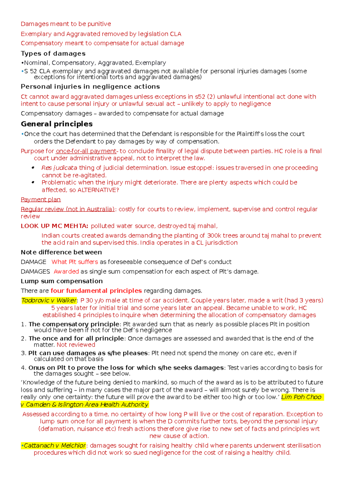 11. Torts B Damages - Lecture Notes 11 - Damages Meant To Be Punitive ...