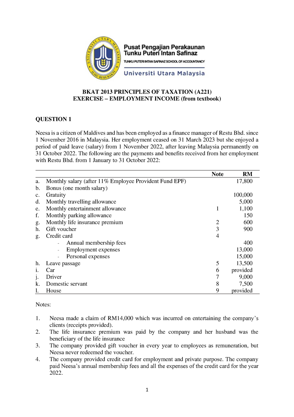 Exercise Employment Income - 1 BKAT 2013 PRINCIPLES OF TAXATION (A221 ...