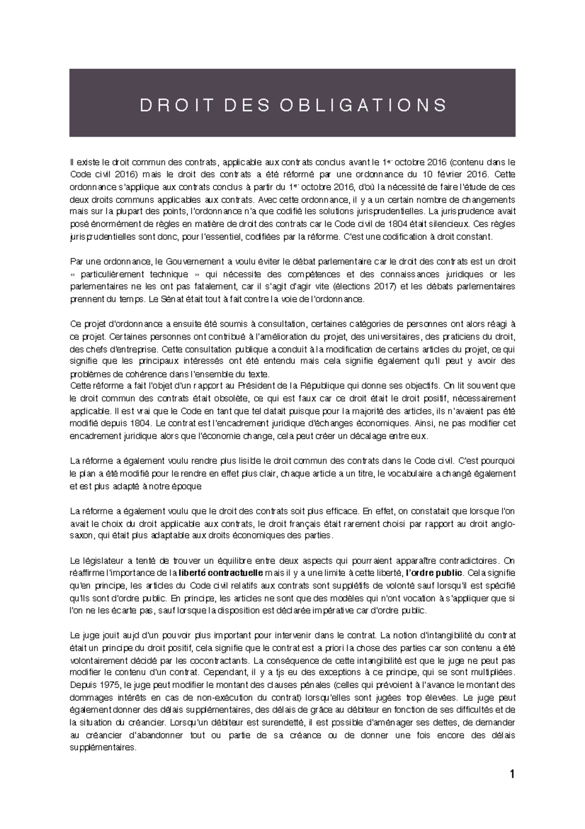 Cours Droit Des Obligations D R O It D E S O B Li Gati O N S Il Existe Le Droit Commun Des Studocu